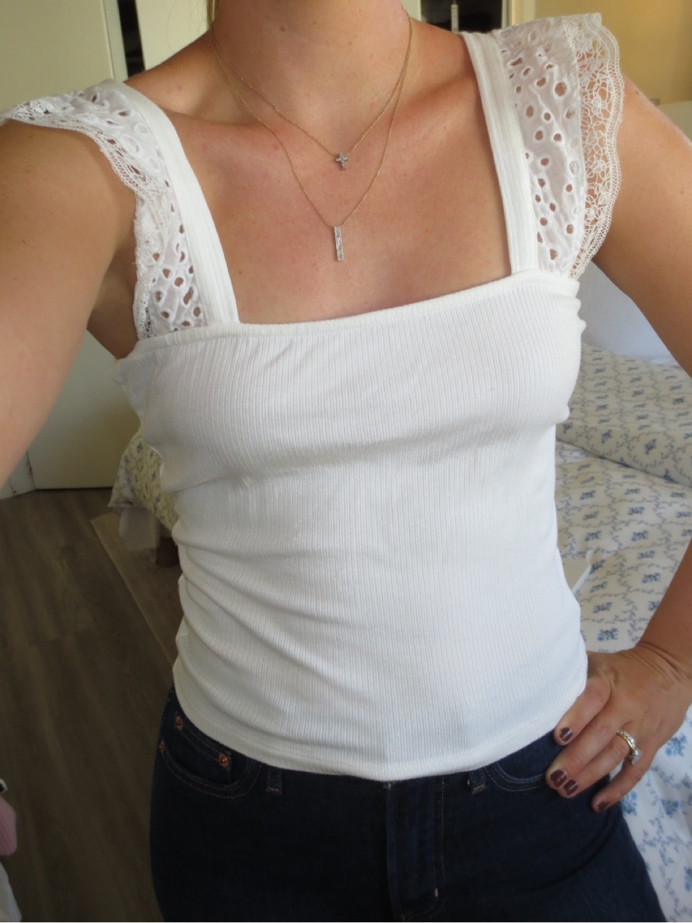 Lace Strap Ribbed Tank Top - White - Picture 4 of 4